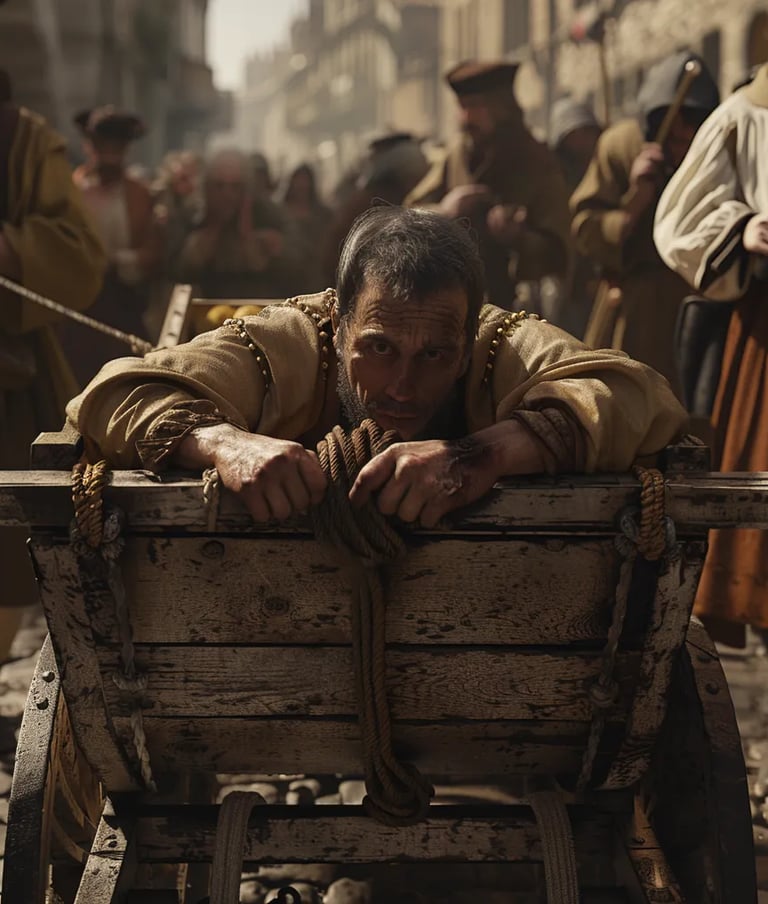 Austin being transported in a wooden cart