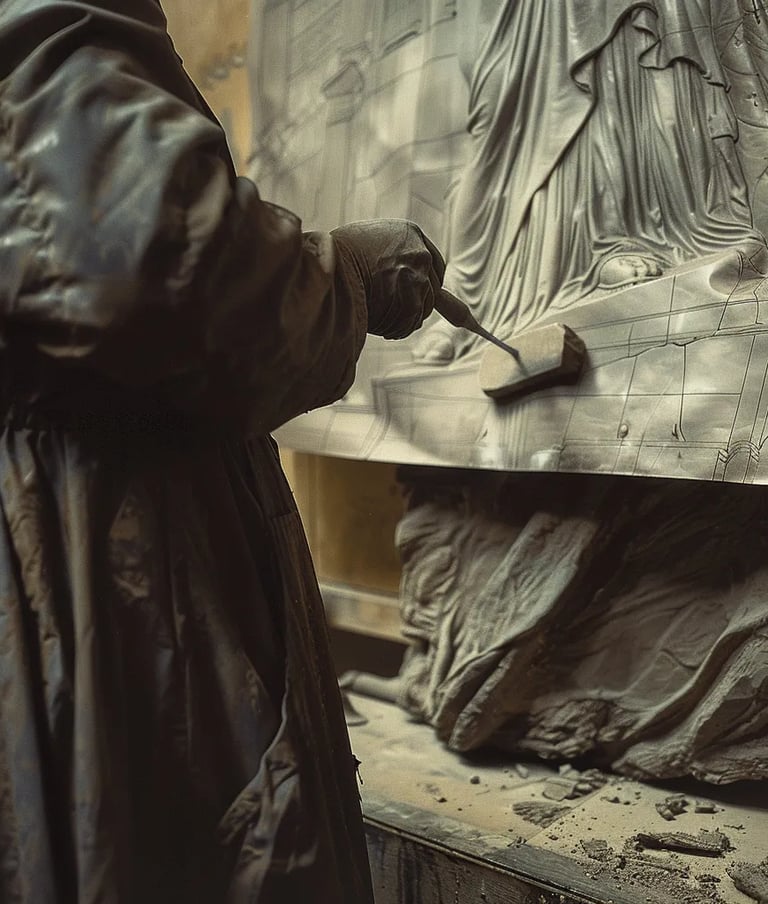 sculptor carefully shaping the delicate folds of Liberty’s robe with a chisel