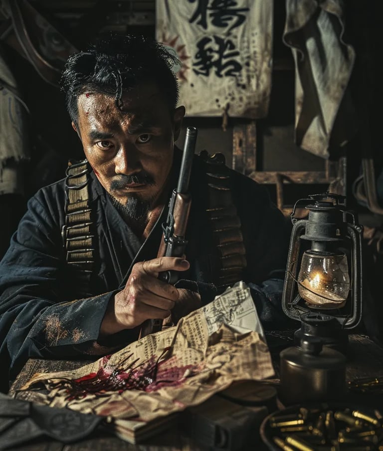 a revolutionary leader gripping a bolt-action rifle in one hand and a blood-streaked battle plan in 