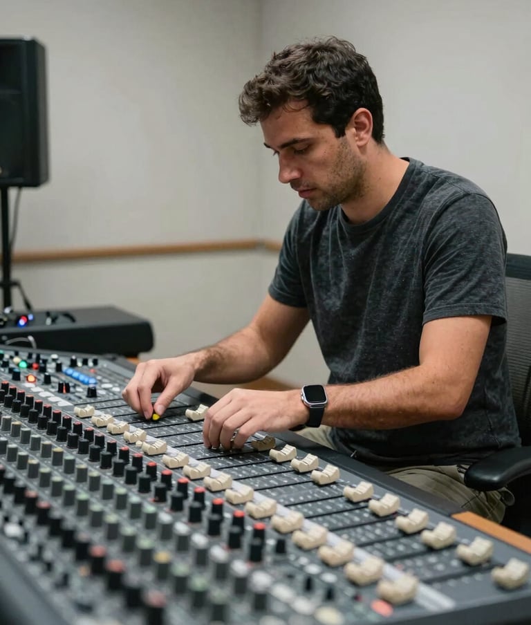 Photography of a sound engineer adjusting faders on a large mixing desk, focused expression, cinematic lighting, Southern European / Spanish context, Light Gray acoustic walls.