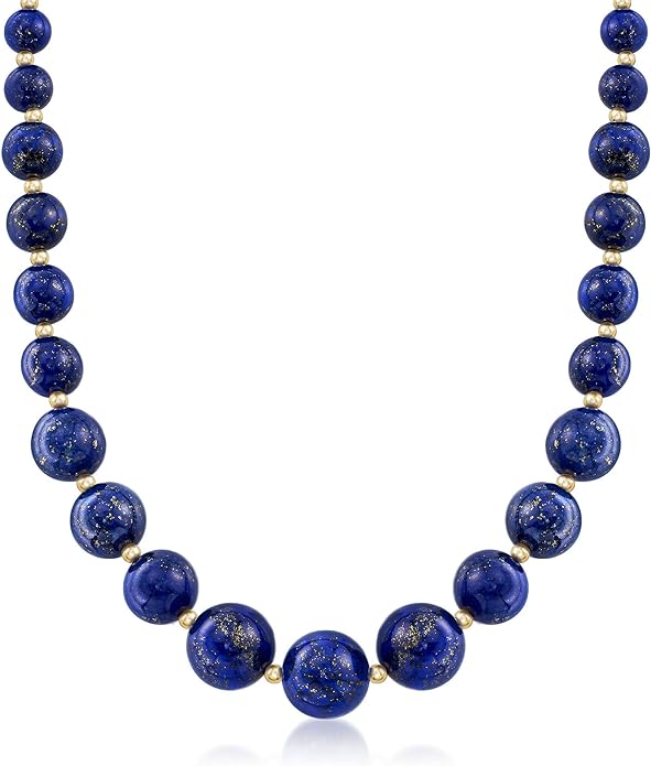 Egyptian Revival jewelry Lapis lazuli beaded blue necklace. 14k gold