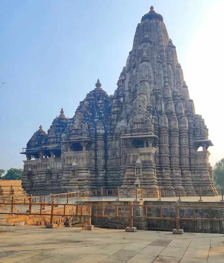 Kandariya Mahadev Temple in Khajuraho, known for its towering shikhara and intricate carvings.
