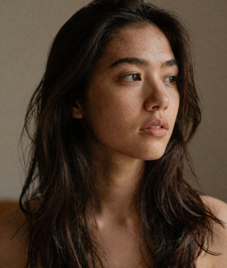 Candid, soft-focus portrait of a young woman with natural, slightly messy hair, looking away thoughtfully. Grainy film texture, underexposed, warm natural light, palette includes muted terracotta (#D1B499) and charcoal shadows (#3E352B).