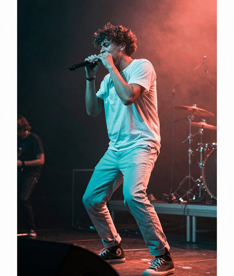 A dynamic shot of a musician performing live on a stage in a International / English-speaking music venue. The lighting is funky and vibrant with bright turquoise and vibrant coral hues. The artist is captured in a moment of peak energy, surrounded by dark charcoal shadows.