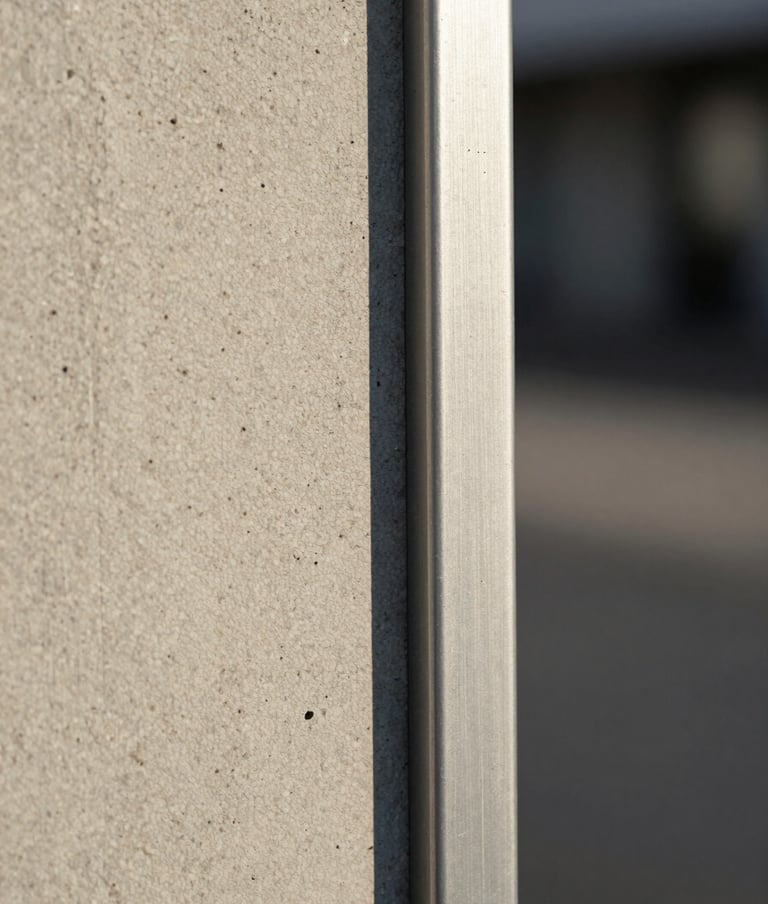 A macro photography shot showing the intersection of light gray concrete and polished silver metal. The textures are rendered in high detail, with natural side lighting typical of a Northern European afternoon. Refined and artistic aesthetic.
