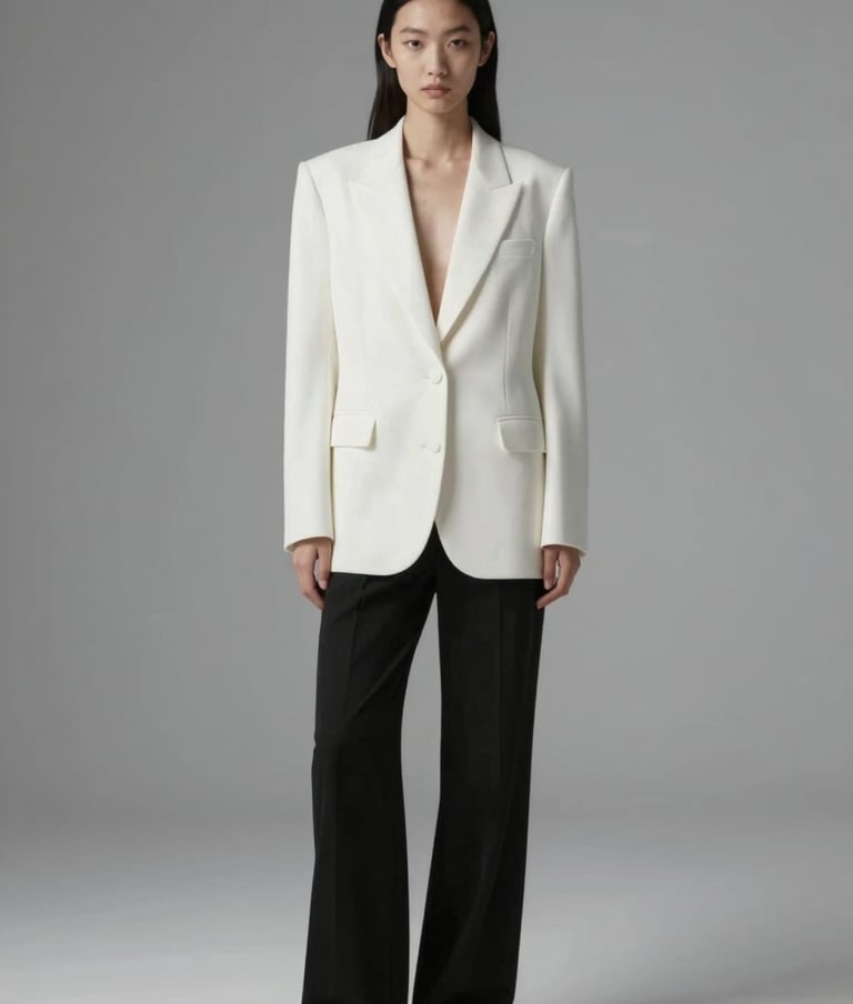 Full-body fashion portrait of a model in a structured white blazer and black trousers. Minimalist setting with clean lines, using #F8F8F8 and #0F0F0F palette. Editorial style, soft shadows.