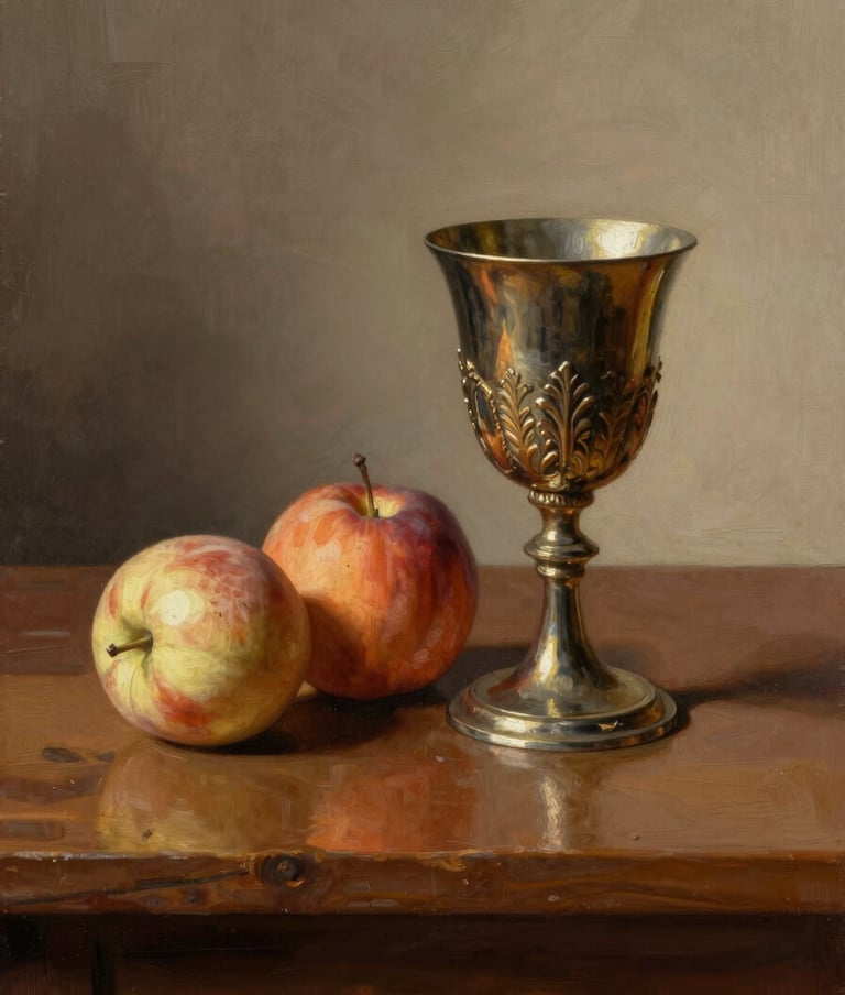 Artistic still life of fruit and an ornate chalice on a wooden table, styled as a Renaissance oil painting. Intense side light creating hard shadows and brilliant highlights. Color palette includes rich terracotta #A3533F and warm sand #F8F4ED. High detail, moody and elegant.