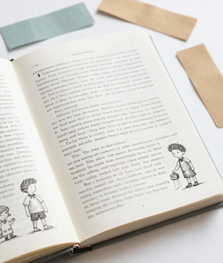 A bright, creative flat lay of an open reading log with hand-drawn illustrations of classic children's book characters. The pages are filled with neat, scholarly annotations in dark gray ink. The scene is accented with colorful bookmarks in #7A9E9F and #D4B281.
