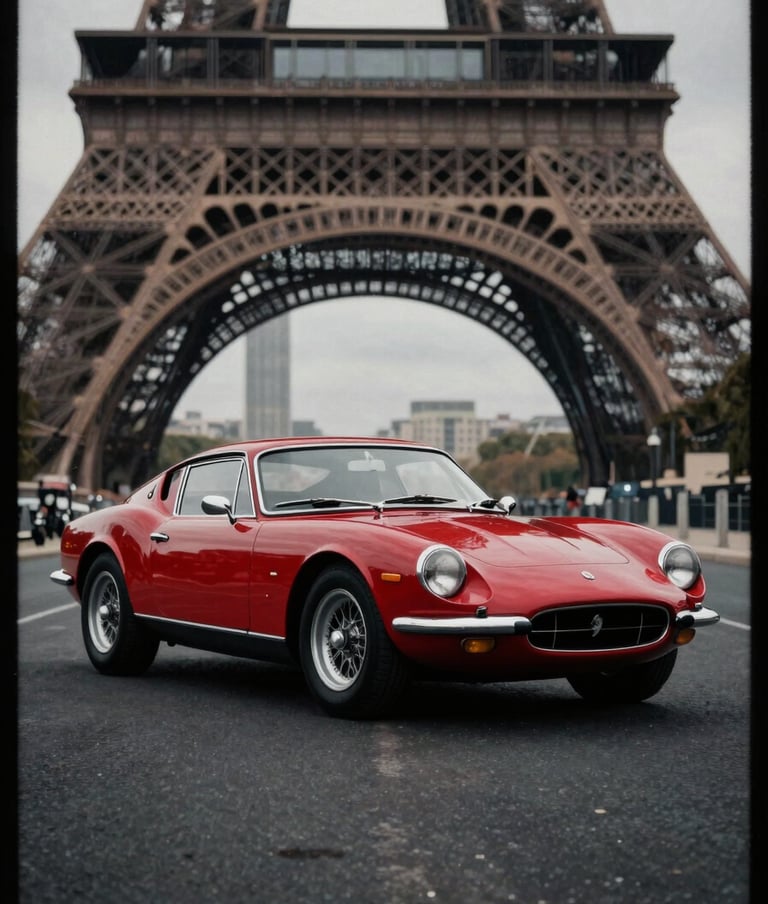 Cinematic wide shot of a vintage 1960s sports car in Paris, rendered in flat blocks of #D4202B red and #1A1A1A black. Heavy film grain texture and a thick black border like a comic panel.