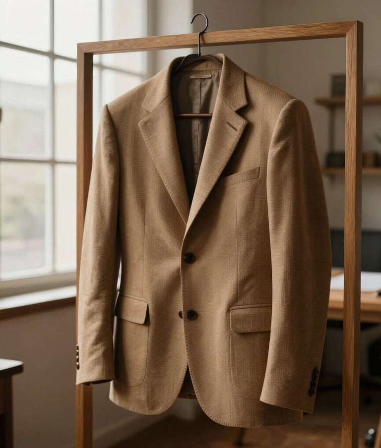A sophisticated editorial photograph of a classic structured jacket draped on a minimalist wooden frame inside a bright atelier. High-fashion magazine style, dramatic soft window light, warm brown and sand color palette, celebrating Brazilian artisanal heritage.