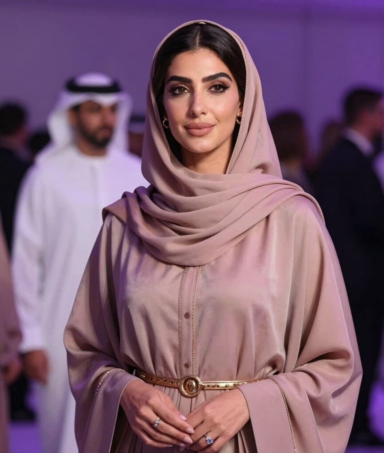 High-fashion photography of a Middle Eastern woman at a luxury event, soft ambient purple and dusty rose lighting, elegant attire, sophisticated Gulf atmosphere, editorial style.