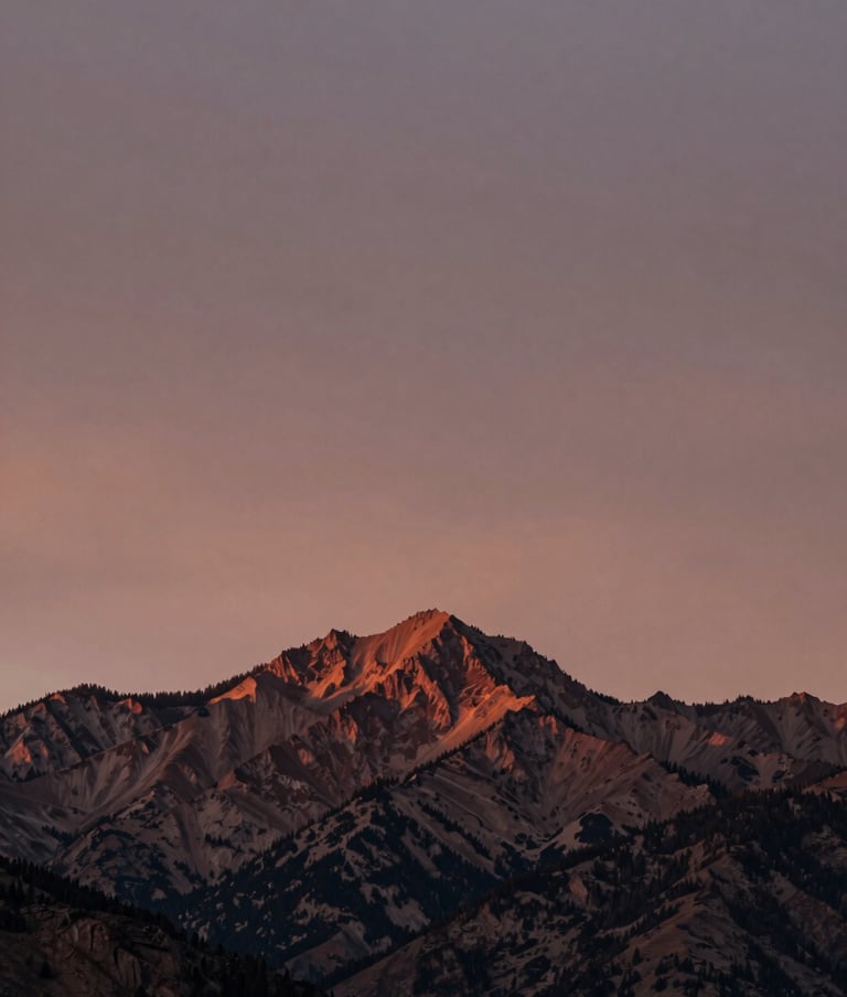 An artistic album cover photograph showing an abstract view of a North American / US mountain range at twilight. The sky is a blend of Muted Rosewood and Warm Taupe, reflecting a sense of creative passion and elegance.
