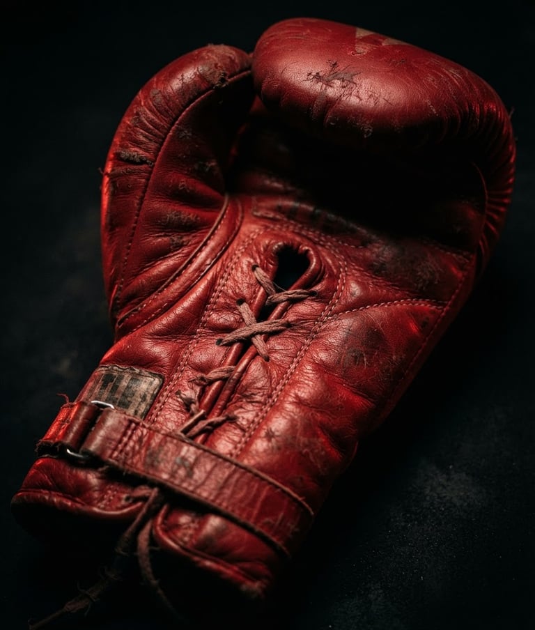 Dramatic high-contrast close-up of a red boxing glove, leather texture visible, sharp focus, with subtle red rim lighting on a dark background.