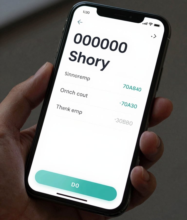 A close-up view of a smartphone held in a hand, showing a sleek mobile app interface with minimalist typography and a clean transaction history list using #000000 and #70A8A9 accents.