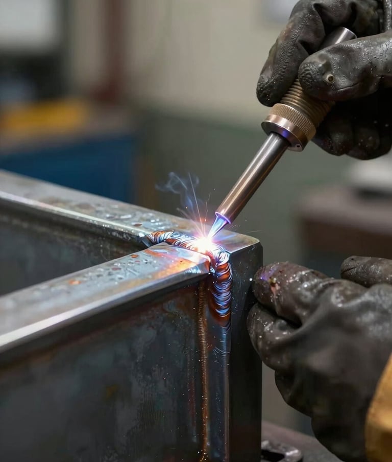 Close-up side view of a structural steel weld joint being inspected by a gloved engineer's hand, tungsten workshop lighting raking across the weld bead, visible grain and heat marks on the metal surface, industrial workshop depth-of-field background