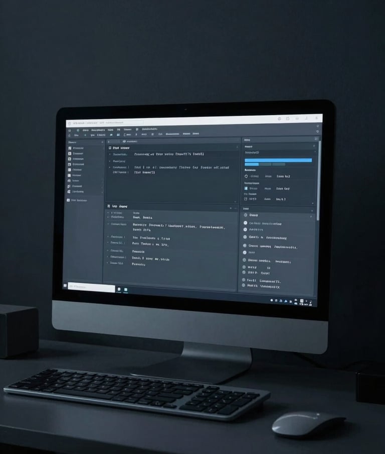 A cinematic medium shot of a computer terminal in a dark, minimalist room. Muted indigo light spills from the screen onto charcoal surfaces. North American office setting. Sophisticated, restrained aesthetic.