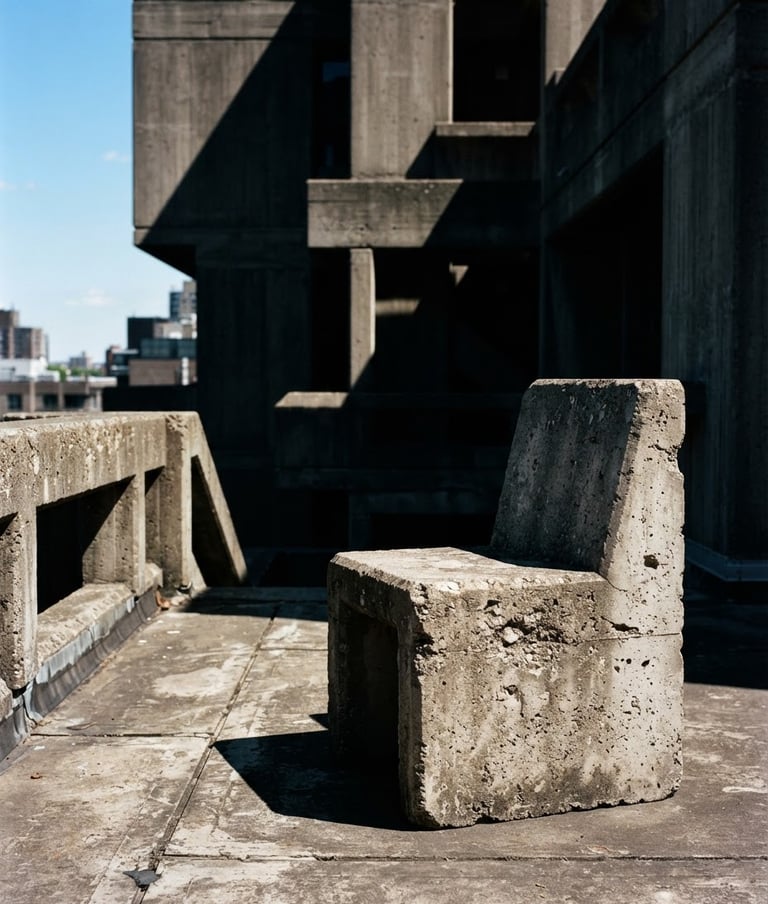 Stark heroic shot of a raw concrete chair on a brutalist terrace, harsh direct sunlight, deep dramatic shadows, 35mm lens, placed to the right, bleeding to the canvas edge.