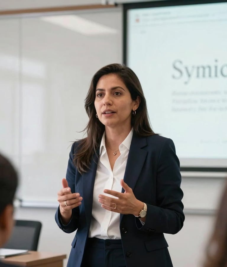 A candid medium-shot photograph of a professional female computer systems engineer, of Mexican / Latin American descent, speaking authoritatively and confidently at an academic symposium in Mexico City. Bright, natural lighting reflecting off pristine white walls, dressed in sharp business attire, with a blurred presentation screen in the background showing elegant, clean typography.