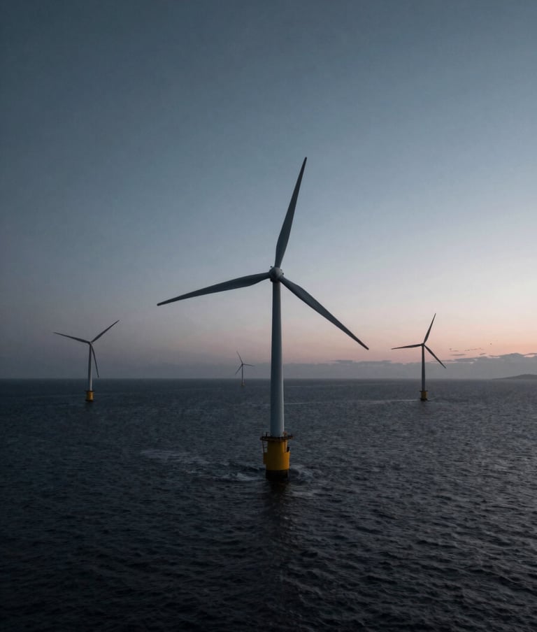 A high-resolution, wide-angle shot of an offshore wind farm at sea during twilight. The composition is artistic yet rigorous, featuring the deep tones of #1A2C38 against a soft horizon of #A9C5D0, representing the future of energy and sustainability.