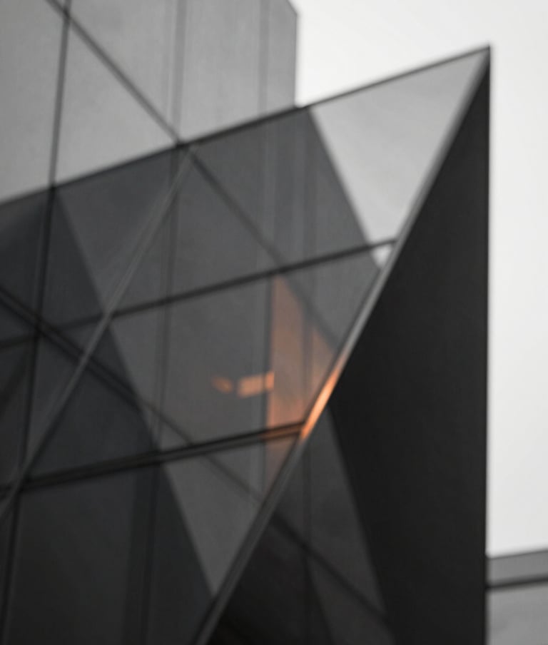 Abstract architectural composition of intersecting planes and glass. Tones of #333333 and #F9F7F2 with a subtle warm accent in #BC6C47 reflecting on the glass surfaces.