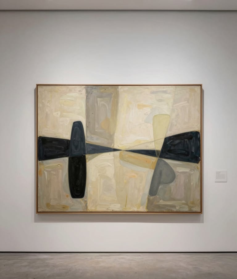 A stunning wide-angle shot of a primary oil painting featuring abstract Warm Cream and Dark Charcoal shapes hanging on a pristine gallery wall in the International / Global Art Scene. Elegant museum lighting.