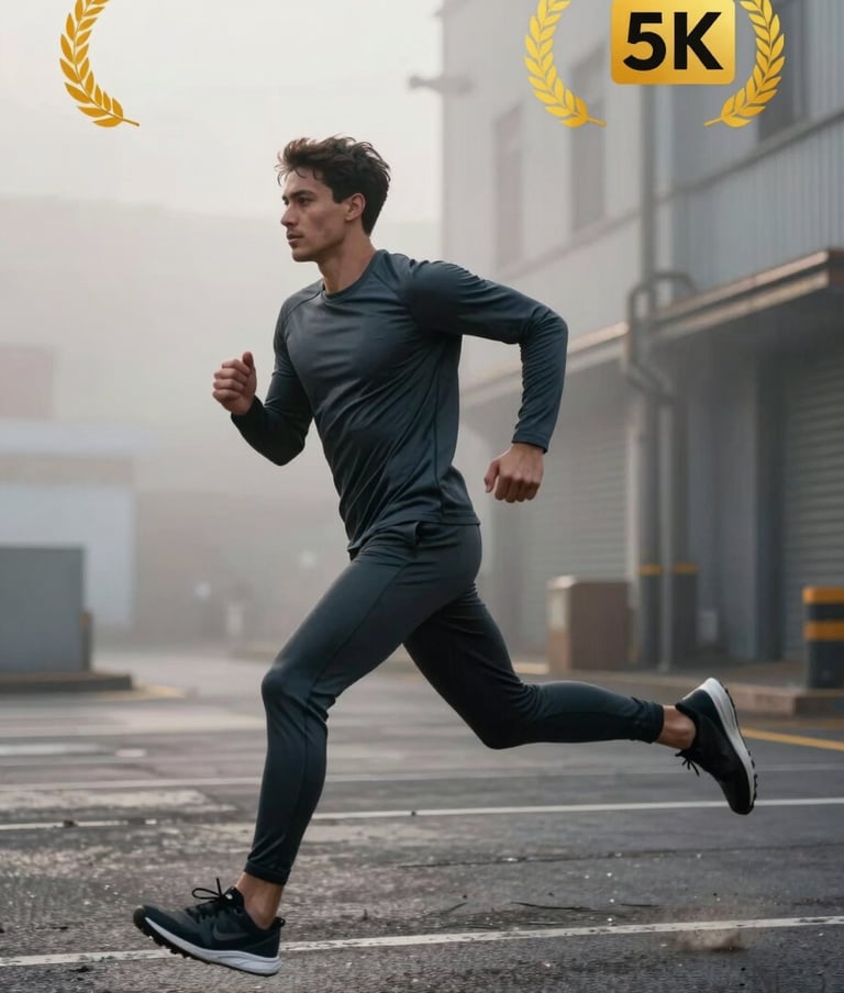 Full-body action shot of a male model running through an urban industrial setting, wearing deep graphite athletic gear, silver mist morning mist in the air, dynamic motion blur, high-impact feel.