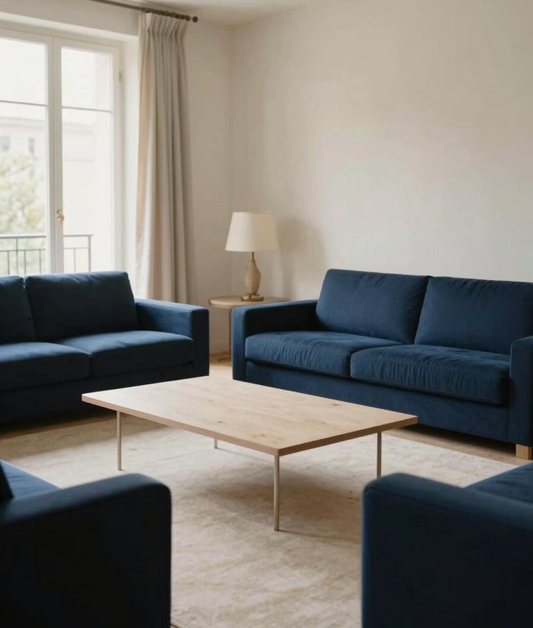 Photographie grand angle d'un salon de maître transformé pour un tournage de film, style haussmannien, Western European / French, mobilier minimaliste dans des teintes de bleu sombre et de crème, lumière matinale douce.