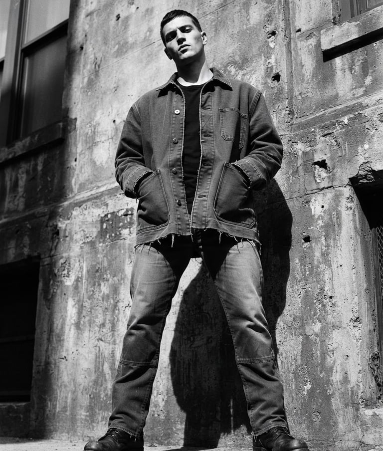Stark low-angle shot of a model wearing a structured heavy-gauge canvas jacket with raw-edged hems, standing against a raw concrete wall under harsh direct daylight, casting deep shadows.