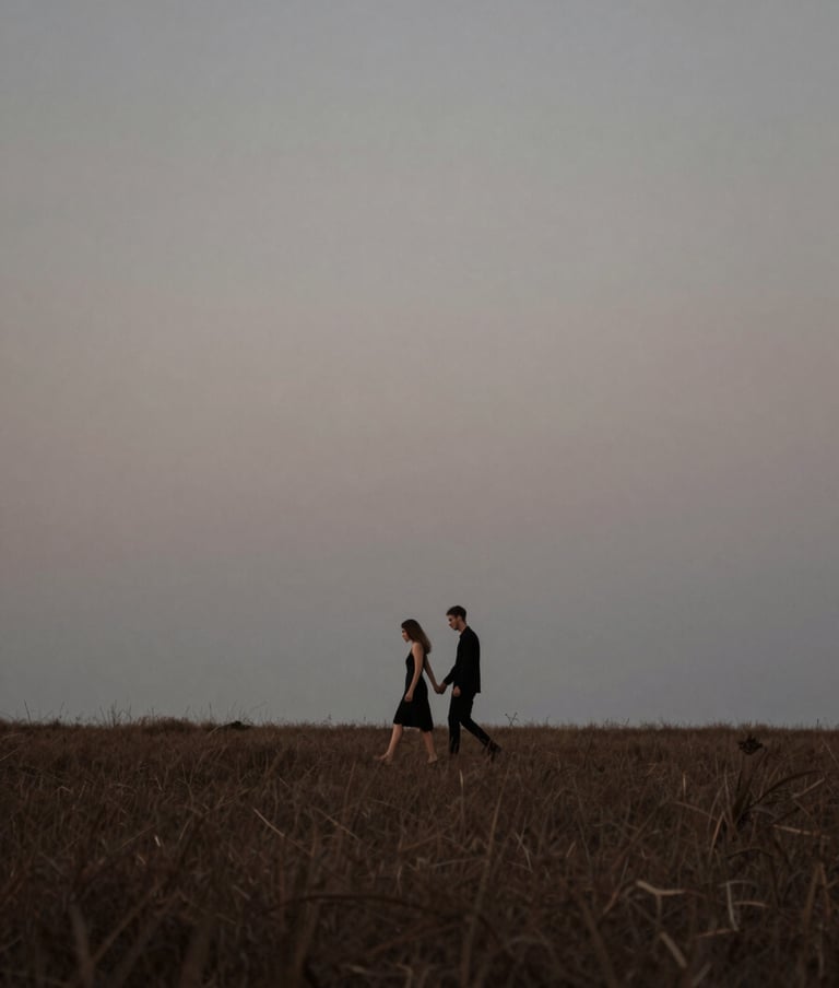 Wide landscape shot of a couple walking together in a field during blue hour. Artistic elegance with deep #20232B tones and soft #6E6D74 greys. The composition emphasizes the scale of the environment and the intimacy of the pair.