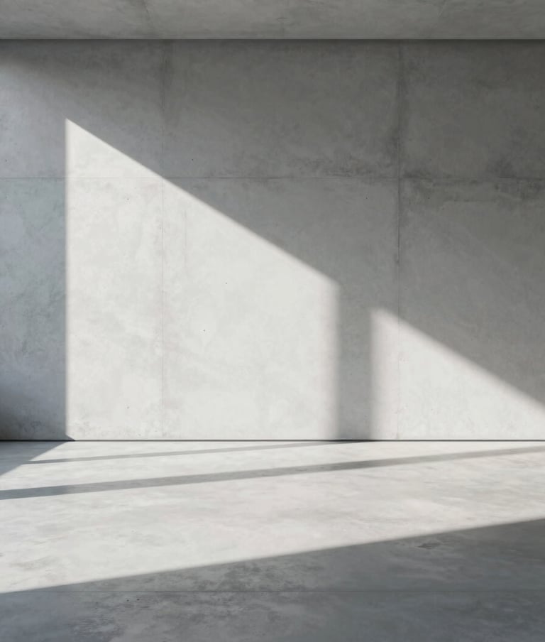 A sophisticated photograph of a minimalist concrete interior with dramatic sunlight casting long, sharp shadows. The composition is clean and centered, reflecting a premium production style with tones of #F2F5F7 and #8C9CA6.
