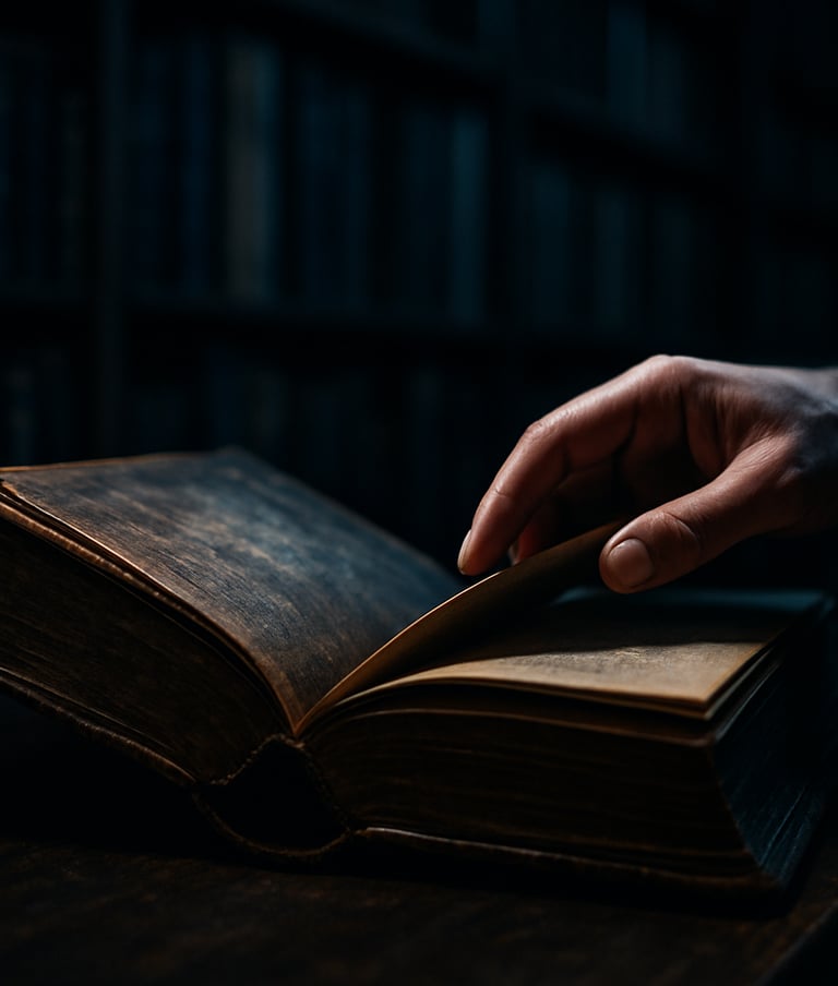 A moody photography of an old leather-bound book being opened by a person in a South American / Brazilian library. The scene is lit with dramatic shadows and dark blue highlights, emphasizing the weight and history of the story.