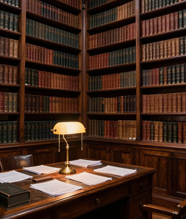 A wide-angle shot of a grand, historic library with floor-to-ceiling dark espresso wood shelves filled with leather-bound books. In the foreground, a single wooden desk with an antique brass lamp casting a warm antique gold glow over a scattered collection of research papers. Minimalist, scholarly atmosphere.