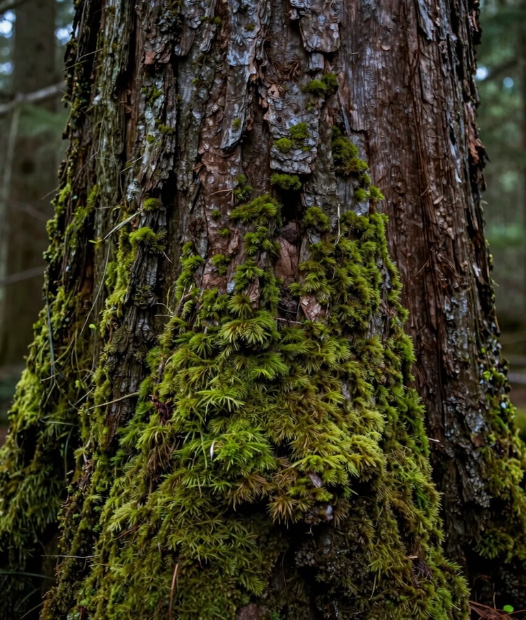 A detailed close-up photograph of vibrant green moss growing on the textured dark brown bark of an ancient cedar tree in a North American forest, captured in soft natural lighting.