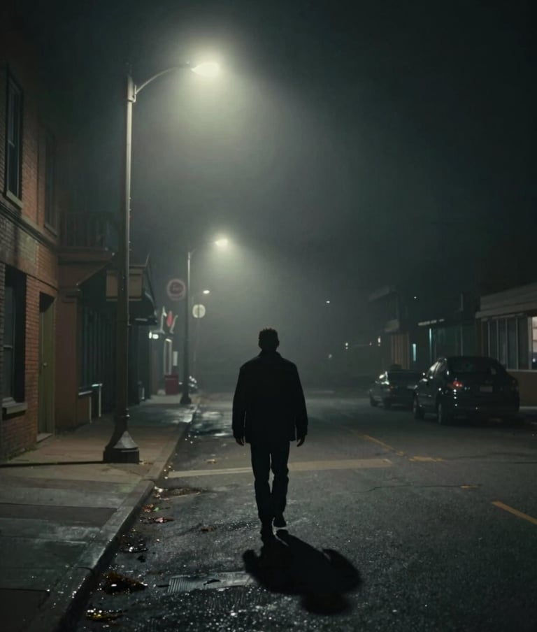 A cinematic wide shot of a lone figure walking down a foggy street in a North American / US city at night, reminiscent of classic film noir. The scene features deep charcoal tones and muted silver light from a single streetlamp.