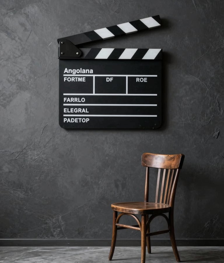 A minimalist composition of a film slate and an antique chair in a Angolana museum hall, charcoal slate grey walls, soft misty white highlights, sophisticated lighting.