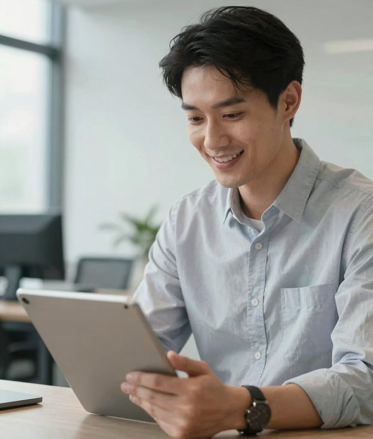 A professional business owner in a modern North American / US workplace looking satisfied while viewing a tablet, soft white and light grey interior, friendly and professional mood.