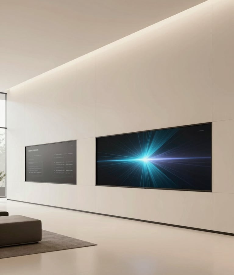 A minimalist, wide shot of a modern office lobby with large screens displaying sophisticated motion graphics. The composition uses clean lines and a soft sand (#F8F4E8) and charcoal (#2F3E46) palette to emphasize architectural beauty.