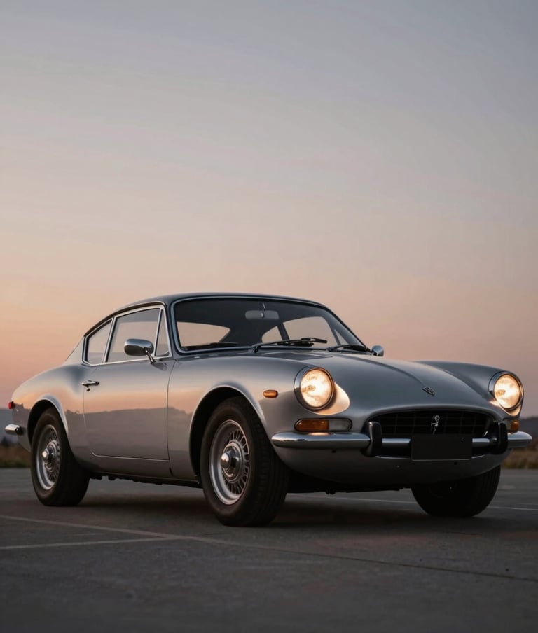 A sleek silver vintage automobile captured from a low angle at dusk. The metallic paint reflects the soft #B2BEB5 tones of the sky, with the headlights casting a warm glow. The composition is clean and minimalist.