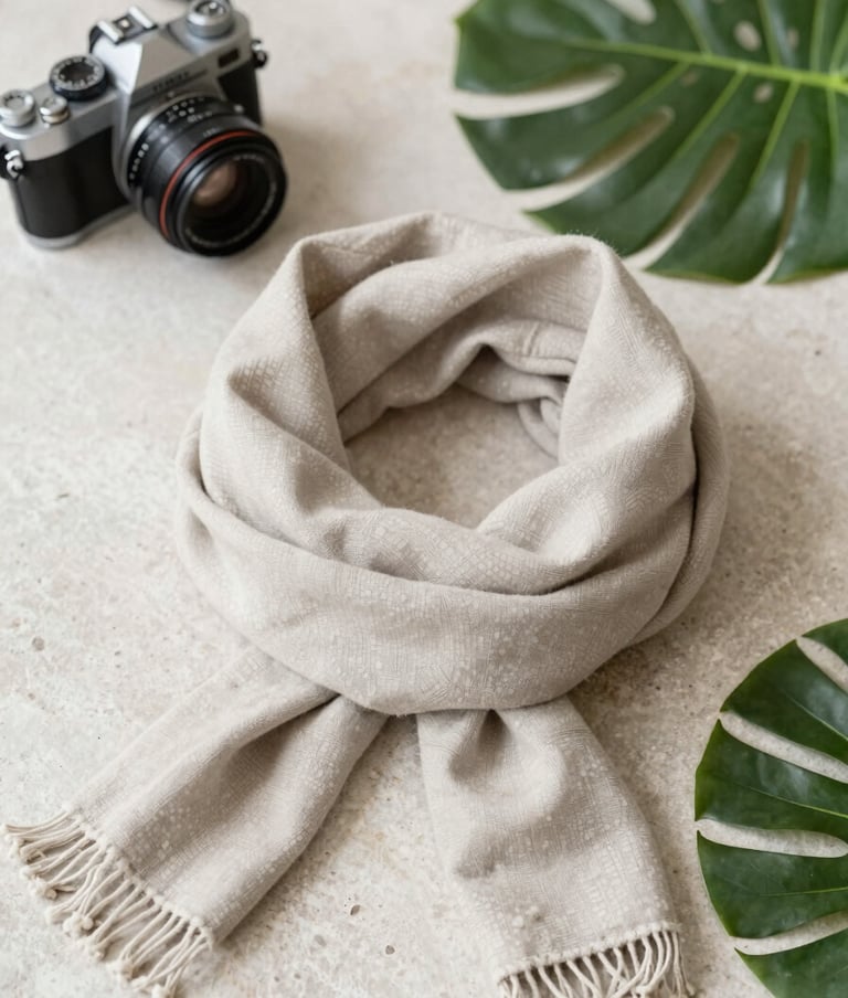 An aesthetic, minimalist flat lay of a camera, a linen scarf, and a tropical leaf on a light stone surface. Evokes the feeling of preparation and travel. Tones of #D4C7BB and #F8F4F0.