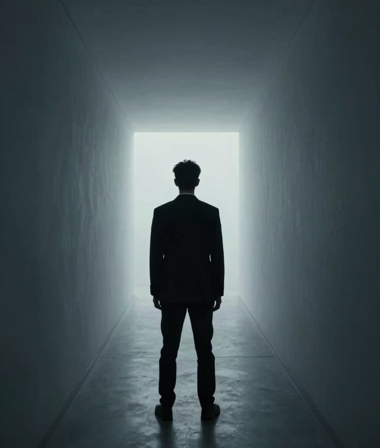 A wide-angle, minimalist environmental portrait of a person standing at the end of a long, dimly lit corridor. The light at the end is bright (#F5F7FA), creating a silhouette against #0A0A0C. Contemporary and cinematic.