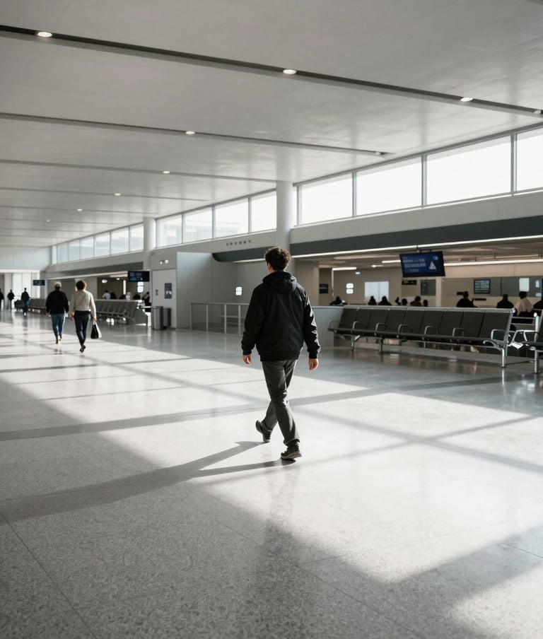 Street photography of a solitary figure walking through a vast, modern International airport terminal. High contrast lighting creates long shadows on the polished light grey floor, emphasizing a clean and minimalistic urban aesthetic.