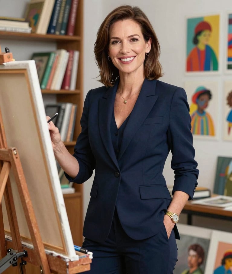A professional portrait of an art teacher in a North American studio, wearing professional attire in navy blue, smiling warmly while standing next to an easel, surrounded by art books and student work.