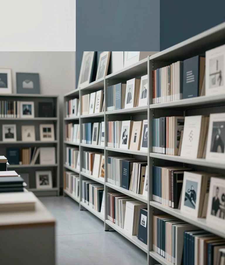 A wide, elegant shot of a studio archive room. Rows of meticulously organized catalogues and art objects are visible on shelves. The lighting is intellectual and calm. Palette: #F1F4F2, #293B37, and #5B7B71.