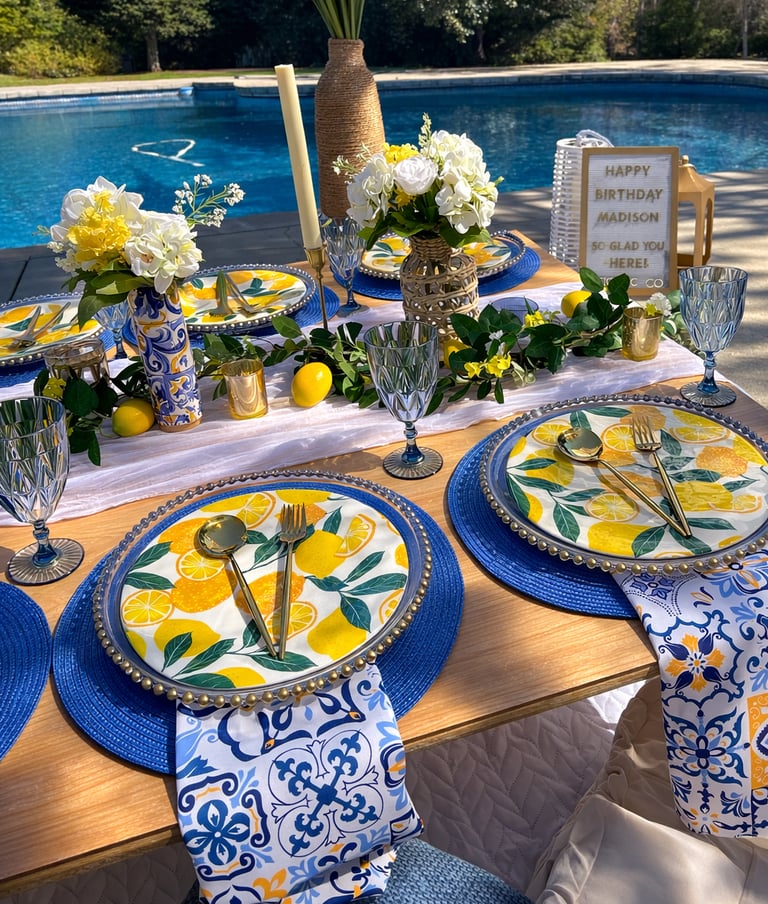 Gathered Grace Picnic Co luxury picnic tablescape theme Amalfi Lemon in blue white and yellow colors