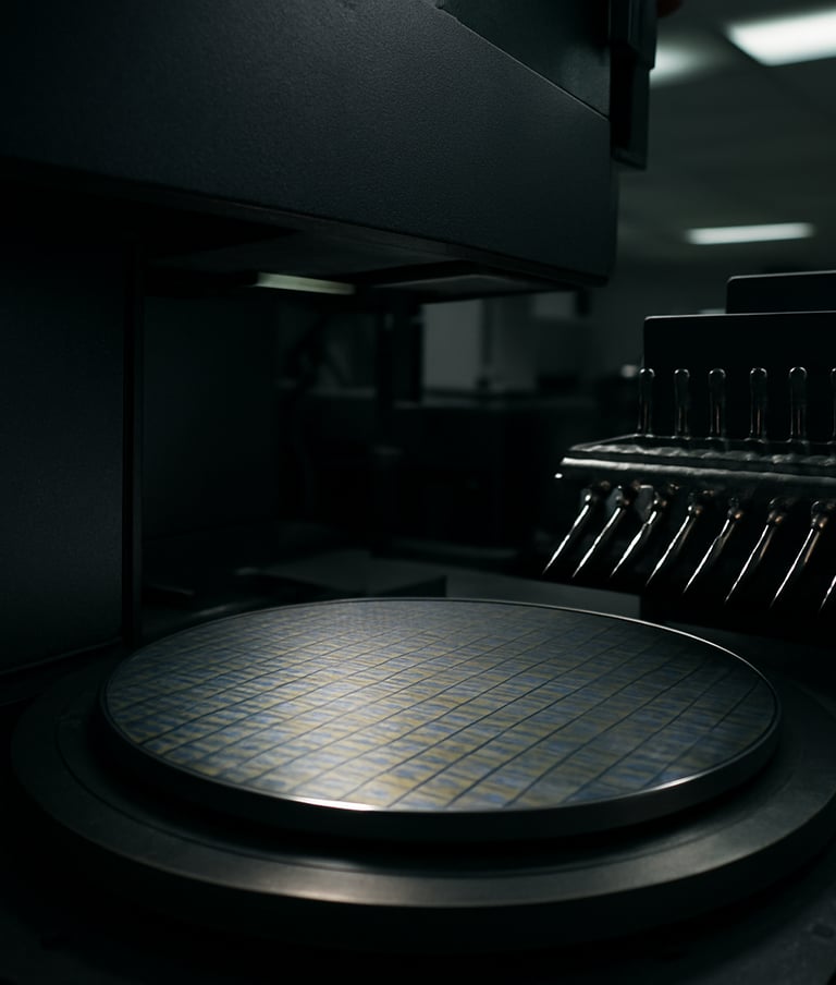 Wide panoramic shot of a semiconductor wafer probe station interior, wafer centered on the chuck under overhead clinical fluorescent lighting, rows of precision probes visible in sharp focus to the right third of the frame, deep charcoal equipment housing filling the left, cool industrial atmosphere with hard shadow detail