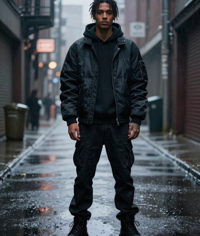 A full-body digital painting of a character in high-fashion streetwear, standing in a rainy North American / US alleyway at night, deep obsidian and silver mist palette.