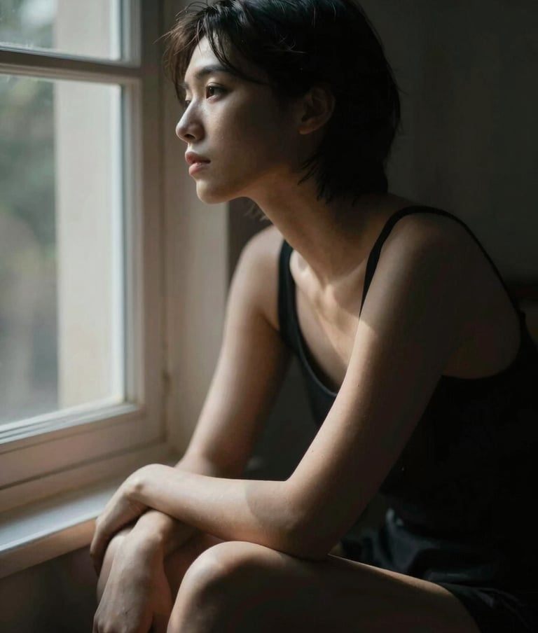 Fine art lifestyle photography, a person sitting by a window, natural light creating a stark chiaroscuro effect, deep contrast between light skin and dark interior shadows, brand mood of refined artistry.