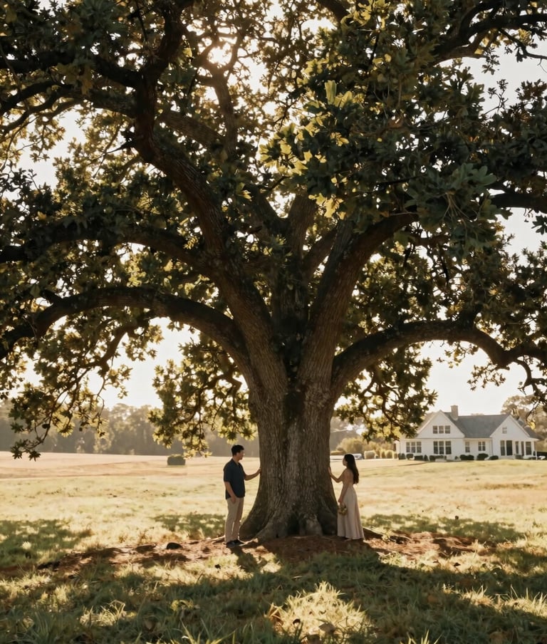 A large, cinematic wide shot of a couple standing under a massive oak tree in a North American / US countryside estate. Sunbeams filter through the leaves, creating a warm, golden, and authentic atmosphere.