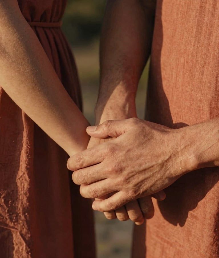 A tight, close-up lifestyle photograph focusing on hands gently clasped together, capturing a moment of quiet connection between a couple in Spain / Southern Europe. Soft terracotta-colored linen clothing is visible. Warm, natural side lighting from a setting sun, highlighting skin texture and creating a nostalgic, emotional atmosphere.