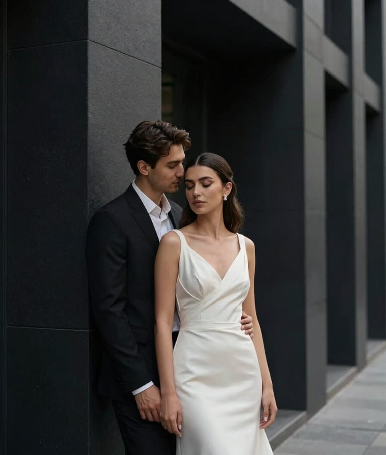 A romantic portrait of a wedding couple in a modern Istanbul setting. The bride is in a minimalist soft off-white dress, standing against a deep charcoal black architectural background. Dramatic, high-contrast lighting.